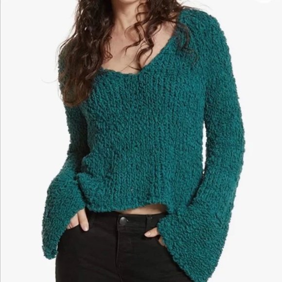 Free People Sand Dune Teal chunky Knit Oversize Flare Sleeve Sweater - M - Picture 1 of 12